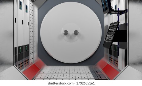 3D Render Of International Space Station Interior. Narrow Corridor Of ISS. 