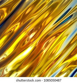 3d Render, Iridescent Abstract Background, Gold Liquid Texture, Shiny Holographic Foil, Wavy Metallic Wallpaper, Fluid Ripples, Liquid Metal Surface, Esoteric Aura Vibrations,