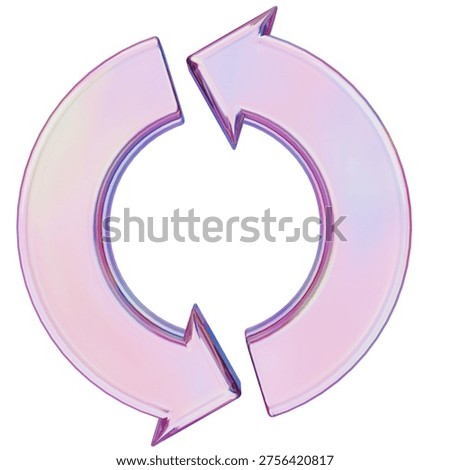 3D render iridescent glass refresh arrows. Glossy pink and purple holographic cycle icon. Translucent update symbol. Modern aesthetic for tech and sustainable design
