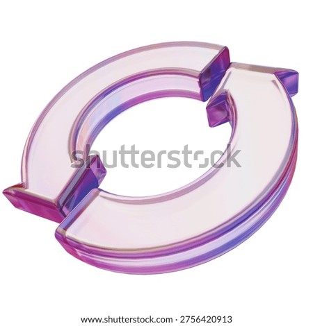 3D render iridescent glass refresh arrows. Glossy pink and purple holographic cycle icon. Translucent update symbol. Modern aesthetic for tech and sustainable design