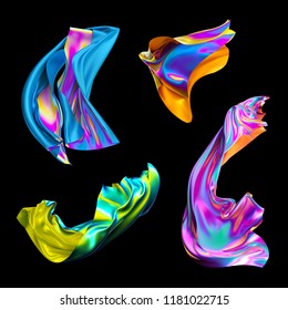 3d render, iridescent holographic foil, metallic cloth, fashion folded textile, colorful fabric, design elements set, isolated on black background,