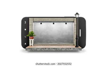 3D Render, Isolated Empty Store Shop In Smartphone On White Background, Store On Mobile And Order Online Concept, 3D Illustration.