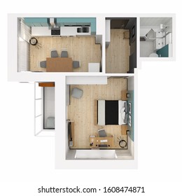 3d render of an isolated flat modern. Design of apartment with a top view, with a finished interior design. Living space using monochrome walls and empty space.  With a set of furniture.