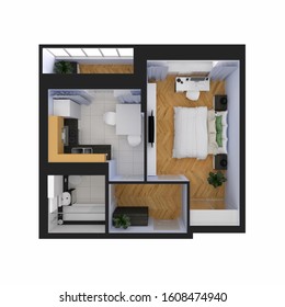 3d render of an isolated flat modern. Design of furnished apartment with a top view, with a finished interior design. Living space using black walls, empty space and set of furniture.