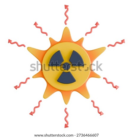 3D render isolated on white background featuring yellow radioactive hazard symbol emitting red ionizing radiation waves.