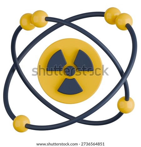 3D render isolated on white background featuring yellow radioactive hazard symbol at center of orbiting electrons and atomic nucleus structure.