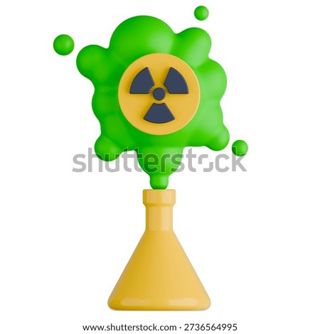 3D render isolated on white background featuring yellow laboratory flask emitting green toxic gas cloud with radioactive hazard symbol.
