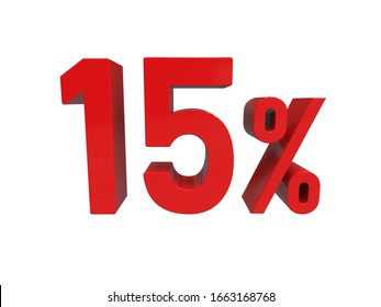 3d Render: ISOLATED Red 15% Percent Discount 3d Sign on White Background, Special Offer 15% Discount Tag, Sale Up to 15 Percent Off, Fifteen Percent Letters Sale Symbol, Special Offer Label