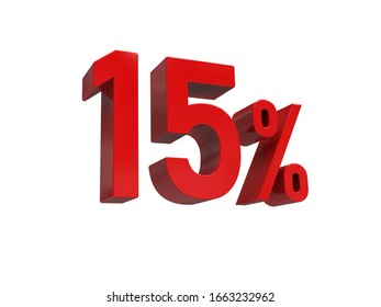 3d Render: ISOLATED Red 15% Percent Discount 3d Sign on White Background, Special Offer 15% Discount Tag, Sale Up to 15 Percent Off, Fifteen Percent Letters Sale Symbol, Special Offer Label