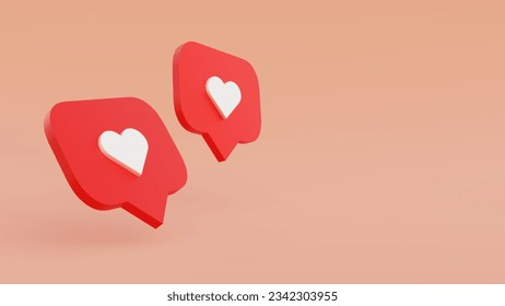 3d render isolated red bubble speech with love icon on pink background, illustration for social media like symbol button banner