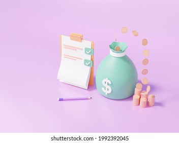 3D Render Isometric Checklist On Clipboard Paper And Money Bag Green. Tick Check Correctness Earnings Finance Saving Money Concept. Cartoon Style Minimal On Purple Pastel Background, Copy Space