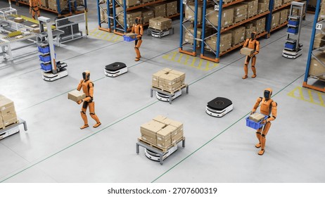 3D Render: Isometric view of Automated Distribution and Fulfillment Center with Smart AGV and Autonomous AI-Enabled General Purpose Humanoid Robots. Industrial Automation by Artificial Intelligence