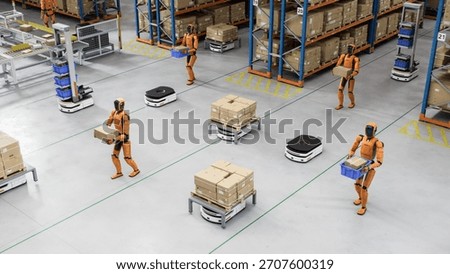 3D Render: Isometric view of Automated Distribution and Fulfillment Center with Smart AGV and Autonomous AI-Enabled General Purpose Humanoid Robots. Industrial Automation by Artificial Intelligence