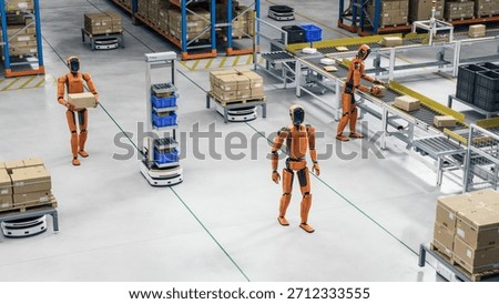 3D Render: Isometric view of Automated Fulfillment and Distribution Center with Autonomous AI-Enabled General Purpose Humanoid Robots and Smart AGV. Industrial Automation with Artificial Intelligence