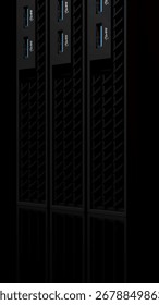 3D render of an ISP server rack in vertical view showing metallic details and illuminated lights. The professional technology hardware is isolated on black background for IT design concepts.