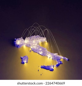 3D Render of Italy concept map, map of Italy suitable for technology, export, smart city, development and communication concepts. Designed by human, this is not ai generated content.