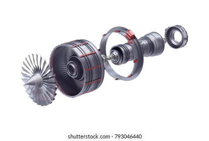 3d Render Of Jet Engine In Parts Isolated On White Background.