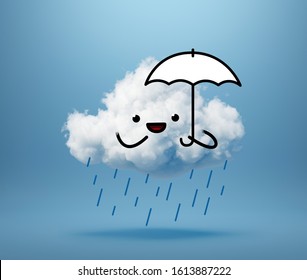 3d Render, Kawaii Cloud Character With Umbrella, Mascot Isolated On Blue Background. Happy Emotion. Cute Illustration. Facial Expression. Shy Little Guy Looking At Camera. Weather Forecast Rain Icon