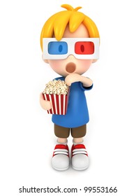 3d Render Of A Kid With 3d Glass And Popcorn