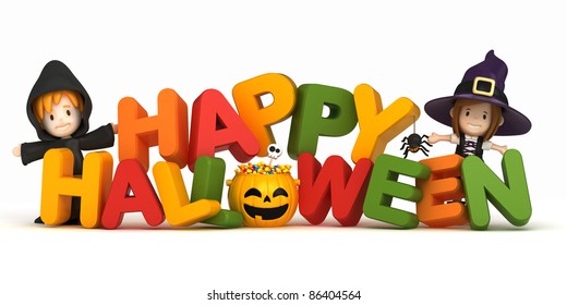 3D render of kids in halloween costume and word - Powered by Shutterstock