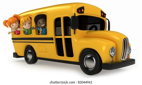 3D Render Of Kids Riding School Bus