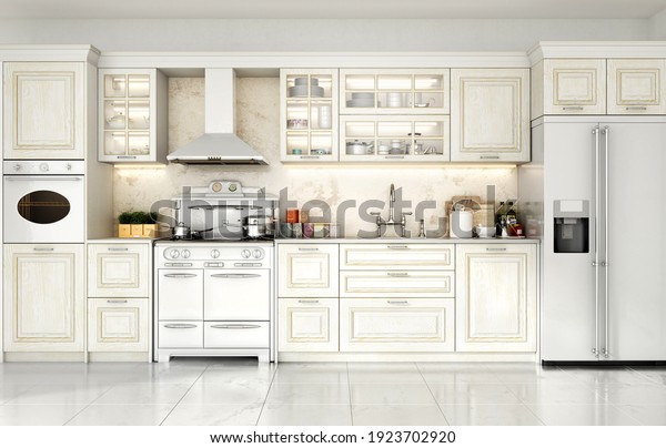 3d\
render of kitchen in classic style 3d\
illustration