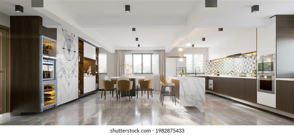 3d render of kitchen and dinning room