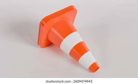 A 3D render of a knocked down traffic cone on a white background. Ideal for illustrating concepts related to accidents, safety, and construction.