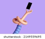 3d render, knotted cartoon character arm, human hand holds smart phone with blank screen. Social network concept. Funny clip art isolated on violet background