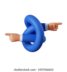 3d render, knotted cartoon hands with pointing fingers show opposite directions. Business clip art isolated on white background