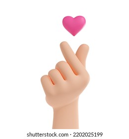 3d render korean finger heart symbol means I Love You on hangul script. Hand gesture, palm show loving message, international sign, isolated Illustration on white background in. 3D Illustration