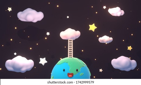 3d render ladder from Earth to the sky.
Cute cartoon Earth with smile face.