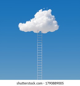3d render, ladder reaches the white cloud on the blue sky. Motivation metaphor, surreal dream, challenge concept