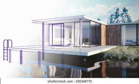 3D render of a lake side summer residence - draft