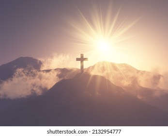 3D render of a landscape with cross on hill - he is risen