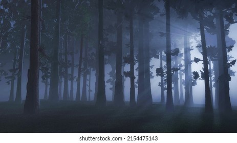 3D render of a landscape with sunrays shining through a foggy forest
