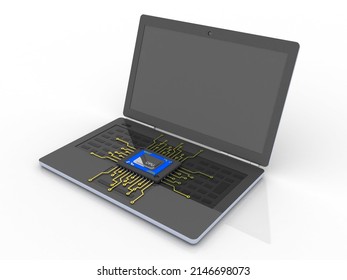 3d render Laptop computer with microchips