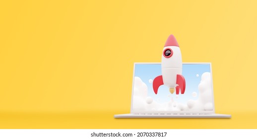 3d render laptop computer screen and rocket illustration design over a yellow background. 3D rendering laptop and rocket on yellow.