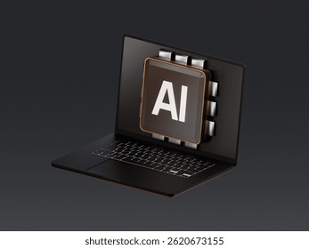 3D render of a laptop with an embedded AI microchip symbol, representing artificial intelligence, machine learning, and smart computing technologies.