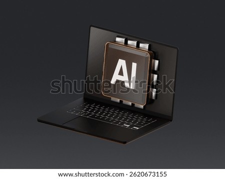 3D render of a laptop with an embedded AI microchip symbol, representing artificial intelligence, machine learning, and smart computing technologies.