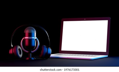 3d Render Of Laptop Microphone Headset With Podcast Concept For Your Mockup