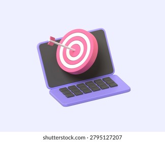 A 3D render of a laptop with a pink target and arrow hitting the bullseye, representing digital goals, marketing success, and strategic planning. Clean, optimistic, and modern.3d render