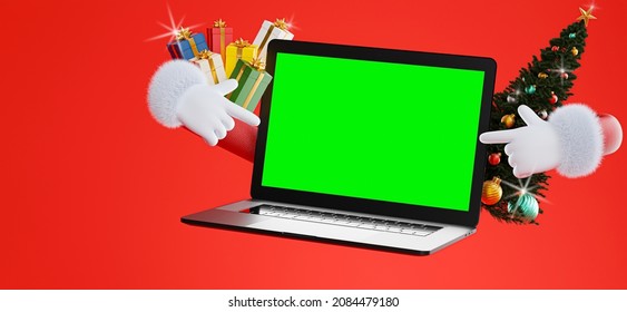 3d Render Of Laptop With Santa Claus Hand For Product Display,green Screen