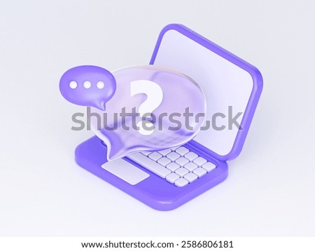 3D render of a laptop with speech bubbles, symbolizing support on websites, a chatbot assistant, and FAQ services. 3D illustration suitable for artificial intelligence, digital. 3D Illustration