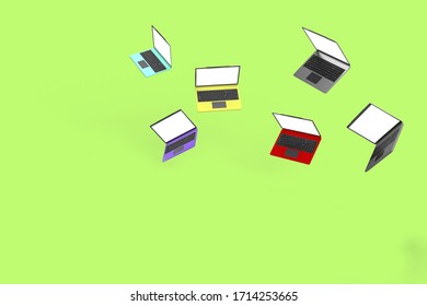 3d render of laptops of bright matte color bodies falling and flying in air tilted in various directions. electronics technology price drop concept.