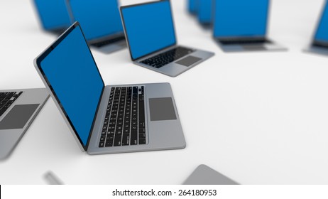 3d render of a lot of laptops in a row. Shallow Depth of field.