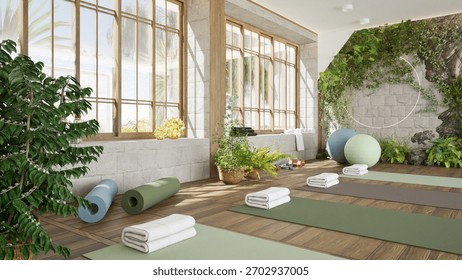 3D render of large cozy and bright yoga studio with large windows and sports equipment. Mat rack, fitness balls. Interior design, decorative plants and landscaping. Wooden floor and white brick walls