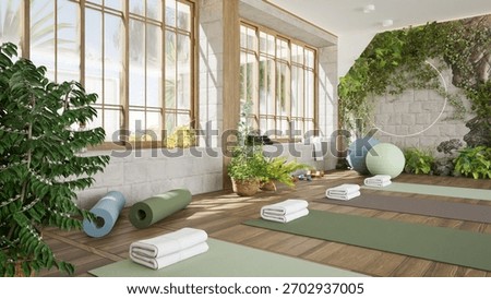 3D render of large cozy and bright yoga studio with large windows and sports equipment. Mat rack, fitness balls. Interior design, decorative plants and landscaping. Wooden floor and white brick walls