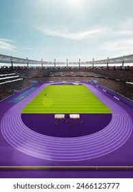3D render of large, modern athletic stadium filled with lively crowd, sport fans. Outdoor arena. Purple running track with green grass in center field. Concept of sport, event, tournament, game