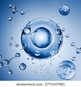 3D render of a large transparent water cell sphere surrounded by smaller molecular structures, water droplets, and bubbles on a gradient light blue background in a square composition. Ideal for skincare, cosmetics, hydration concept, and scientific medical advertising. 3D render